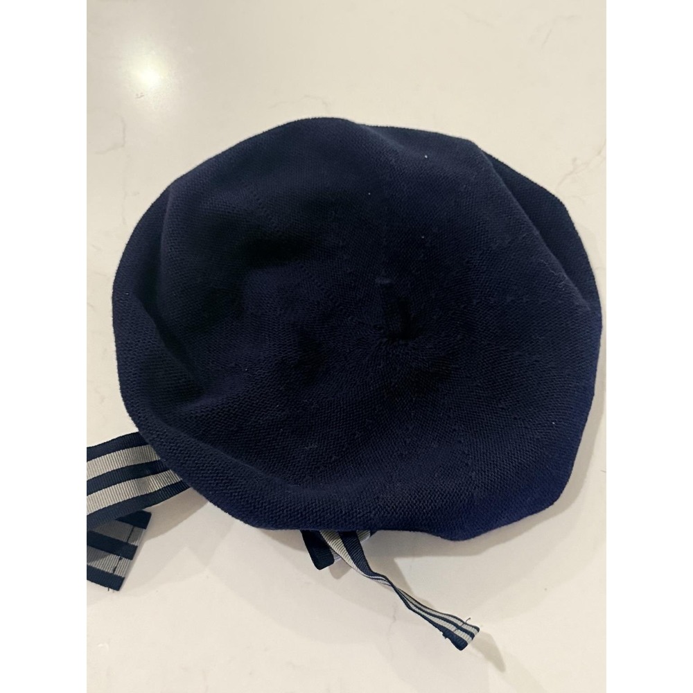 Custom Made Beret Women OS Navy Blue Excellent Italy Cotton Striped Ribbon Bow - Picture 7 of 8